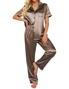 lot 6153 image: Ekouaer Silk Satin Pajamas Set Women Short Sleeve Sleepwear Soft Button Down Loungewear Pjs Set Brown Large