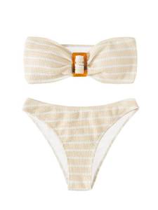 lot 6155 image: GORGLITTER Womens 2 Piece Striped Swimsuit Strapless Bandeau High Waisted Thong Bikini Set Bathing Suit Khaki X-Small