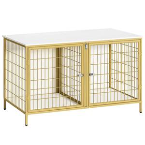 lot 9274 image: MAHANCRIS Dog Crate Furniture for 2 Dogs, 43.3in Dog Kennel with Removable Divider, Heavy Duty Wooden Dog Kennel for Small Medium Dog, Indoor Dog Cage End Table with Double Doors, White DCJW1201