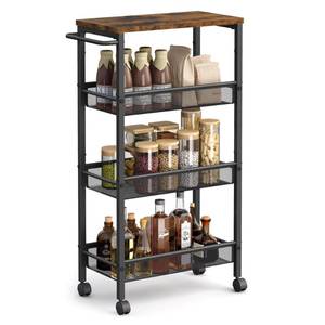 lot 9300 image: VASAGLE Slim Rolling Cart, 4-Tier Storage Cart, Narrow Cart with Handle, 8.7 Inches Deep, Metal Frame, for Kitchen, Dining Room, Living Room, Home Office, Rustic Brown and Classic Black ULRC033B01