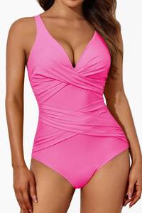 lot 10322 image: Smismivo Tummy Control Swimsuits for Women Slimming One Piece Bathing Suit Modest Padded Ruched Push Up Long Torso Curvy Shapewear V Neck Criss Cross Swimming Size L
