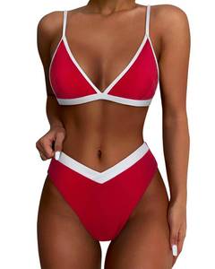 lot 10330 image: SUUKSESS Women Triangle High Cut Bikini Sets Sexy High Waisted Color Block Two Piece Swimsuits Push Up Bathing Suits(Red White,Size M)