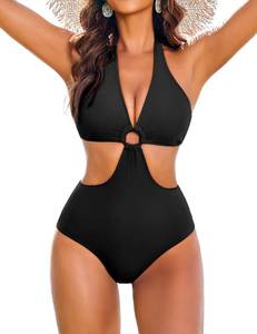 lot 10339 image: AIMAGE One Piece Swimsuits for Women Slimming One Piece Bathing Suit Retro Monokini Push Up Padded Swimwear,Large Black