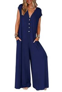 lot 10340 image: MEROKEETY Womens 2024 Summer Cap Sleeve Jumpsuits Deep V Neck Button Onesie Wide Leg Pants Rompers,Navy,Size XL