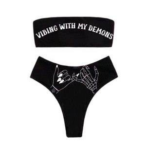 lot 10343 image: JUMISEE Women Skull Letter Pattern Goth Bikini Set 2 Piece High Waist Bandeau Swimsuit&nbsp(size unknown)