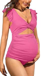 lot 10345 image: Charmo Cutout Ribbed Maternity Bathing Suits Ruffle Twisted One Piece Pregnancy Swimsuit Tie Back Swimwear XL Pink-Rose