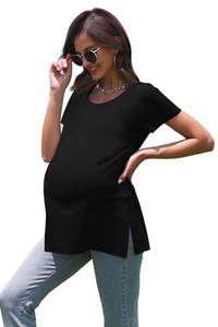 lot 10347 image: WOOXIO Womens Maternity Shirts Short Sleeve Split Hem Pregnancy Tops Clothes Small,Black
