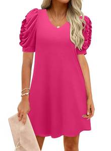 lot 10351 image: MIHOLL Womens 2024 Summer Casual Dresses Pink V Neck Short Sleeve Dress for Women(hot pink,small)