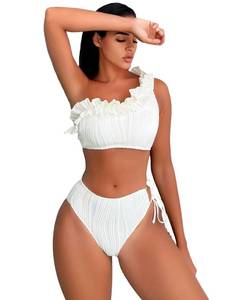 lot 10354 image: OYOANGLE Womens 2 Piece Swimsuits Sleeveless One Shoulder Solid Plain Ruffle Trim Tie Side Bikini Sets White M