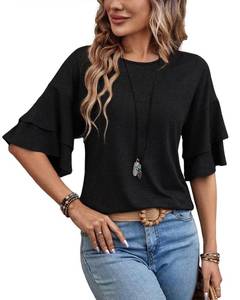 lot 10356 image: Sialois Womens Dressy Casual Blouses Summer Spring Fashion Trendy Clothes Double Layer Half 34 Length Short Bell Sleeve Cute Top Crewneck Loose Fit T Shirts,Black,Medium Size