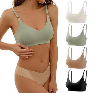 lot 10359 image: DEANGELMON 4 Pieces V Neck Bralettes Padded Seamless Adjustable Straps Bra Everyday Basic Sleeping Bras (4P5,L)