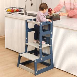 lot 7128 image: SDADI Mothers Helper Adjustable Height Plastic Kitchen Step Stool for Children, Kids Toddlers Counter Level Learning Stool for Kitchen & Bathroom,Blue and Light Grey