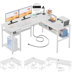 lot 7135 image: Unikito Reversible L Shaped Computer Desk with Magic Power Outlets and USB Charging Ports, Sturdy Corner Desk with Storage Shelves, Durable Work Desk for Home Office, Easy to Assemble, White - Retail $109.38