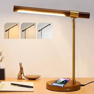 lot 7169 image: Myhaptim LED Wood Grain Desk Lamp with Wireless Charger, Desk Lamps for Home Office with USB Charging Port, Touch Control Desk Light Adjustable, Eye-Caring Office Lamp with Night Light