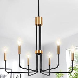 lot 7170 image: LXWNYY Modern Black and Gold Chandelier,6-Light Farmhouse Chandelier for Dining Room Light Fixtures Ceiling Hanging Industrial Chandelier Light Fixture for Kitchen Living Room Bedroom Entryway - Retail $109.99