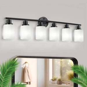 lot 7171 image: YAO BANG Brushed Nickel Bathroom Light Fixtures, 5-Light Bathroom Vanity Light Fixtures Over Mirror Modern Bathroom Lights with Milky White Frosted Glass Shades, E26 Base, Bulbs Not Included - Retail $105.99