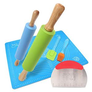 lot 7177 image: Ewinever 1Set Rolling Pin Pastry Mat Set Non-Stick 6 in 1 Dough Roller Baking Kit with Pastry Cutter Reusable Kneading Mat Scraper Basting Brush