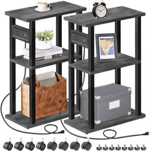 lot 7186 image: TUTOTAK Small Narrow Side Table with Charging Station, Set of 2, Skinny End Table for Small Spaces, Slim Nightstand with USB Ports and Outlet,Sofa Beside Table with Wheels, Charcoal Grey TB01BY047