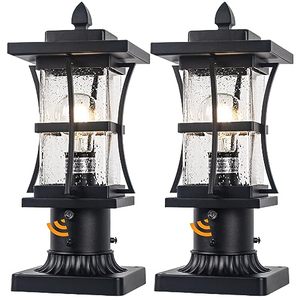 lot 7187 image: A 2 Packs Dusk to Dawn Outdoor Post Light Fixture with Pier Mount Base - Black Outdoor Pole Lighting, Waterproof Pillar Lantern, Modern Outside Column with Seeded Glass for Pathway, Garden, Patio, - Retail $82.49