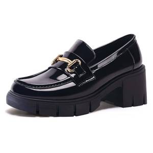 lot 7190 image: Coutgo Womens Chunky Platform Lug Sole Loafers Mid Heel Square Toe Dress Walking Work Shoes with Buckle Chain,Mirror Leather Black, Size 8