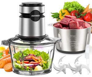 lot 7191 image: HOVOBO Food Processor, 500W Electric Meat Grinder Food Chopper with Two 8 Cup Bowls & 2 Bi-Level Blades, 2 Speed Kitchen Cutter for Vegetable, Onion, Garlic, Meat, Nuts, and Baby Food, Black