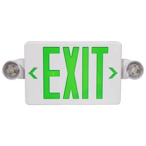 lot 7197 image: Green LED Exit Sign with Emergency Lights, Two LED Adjustable Head Emergency Exit Lights with Battery Backup, Dual LED Lamp ABS Fire Resistance UL-Listed 120-277V (color differs from stock image)