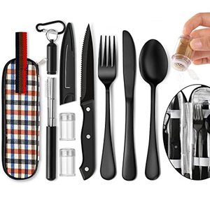 lot 8449 image: Portable Travel Utensils Set, Travel Camping Cutlery Set, Reusable Stainless Steel Flatware Set with Case for Office School Picnic (Black)
