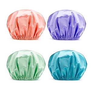 lot 8456 image: AmazerBath Shower Caps for Women Reusable Waterproof, 4 Pack Women Shower Caps Reusable EVA Hair Cap for Shower Double Protection Layers Elastic, Medium Size