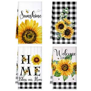 lot 8479 image: Bencailor 4 Pcs Sunflower Kitchen Towels Summer Sea Beach Flower Floral Cow Kitchen Dish Towels Fast Drying Kitchen Decor for Cooking(Yellow,Sunflower)