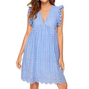 lot 8483 image: AELSON Womens Sexy Summer V Neck Dress with Short Loose Ruffle Sleeve California Romper Dress Light Blue&nbsp(size unknown)