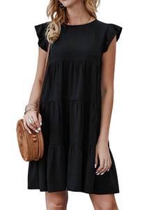 lot 8484 image: KIRUNDO Womens Dresses Summer Casual Sleeveless Ruffle Sleeve Round Neck Black Dress Loose Short Flowy Pleated Mini Babydoll Dress, Black, Medium