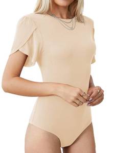 lot 8487 image: LAOLASI Crew Neck Petal Short Sleeve Slim Fit Casual Basic Extender Bodysuit Jumpsuit T Shirts for Women, Nude, Large