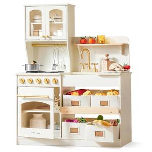 lot 9254 image: Tiny Land Play Kitchen for Kids, Wooden Play Kitchen with Toy Storage System, Toy Kitchen Set with Plenty of Play Features, Kids Play Kitchen Designed, Gift for Ages 3 - Retail $181.66