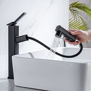 lot 9270 image: HANLIAN Single Handle Pull Out Bathroom Vessel Sink Faucet with Rotating Spout, Modern Single Hole Tall Bathroom Faucet with Pull Down Sprayer, One Hole High Bathroom Sink Faucet Black with 3 Modes - Retail $93.82