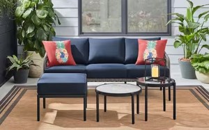 lot 7157 image: StyleWell Parker Mill Black 4-Piece Metal Patio Seating Set with Porter Midnight Cushions Retail&nbsp$499.00