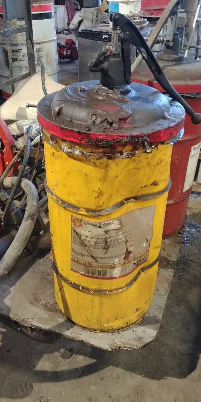 lot 6618 image: Manual Grease Barrel Pump with Barrel of Alvania EP Grease 2 Approx 12 Full