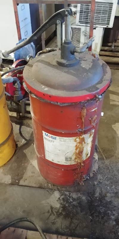 lot 6619 image: Manual Grease Barrel Pump with Barrel of Mobilux EP 2 Grease Approx 12 Full