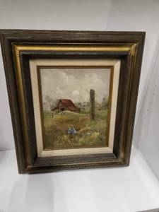 lot 127 image: Picture of old farm bard in wood frame