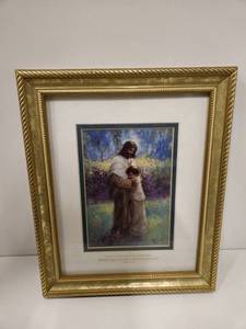 lot 129 image: Small Picture of man and child with scripture Mark 1016 below, in a frame