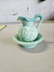 lot 141 image: Vintage Avon - Jadeite Green Swirl Milk Glass - Rose Mini Pitcher And Bowl Set