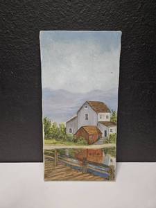 lot 151 image: Small Painting of house by lake, no signature