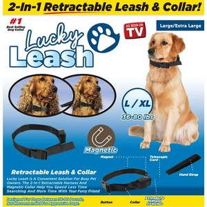 lot 169 image: Lucky Leash Retractable Leash & Magnetic Collar in One - Size LXL (36-80 lbs), brand new but box is rough from storage