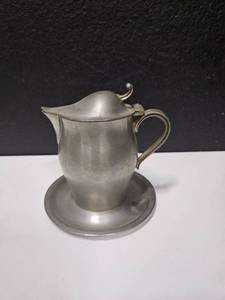 lot 180 image: Lidded Pewter Cream Pitcher wUnderplate, Vintage International Pewter, #PWT016