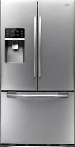 lot 193 image: Samsung 29 cu. ft. French Door Refrigerator - Stainless Steel - Works - RFG298HDRS - Water and Ice Maker Untested - Does Need a Good Cleaning - Width 35.75 Height 69.75 Depth 33.125