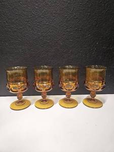 lot 196 image: Set of 4 Indiana Glass Amber Vintage MCM Kings Crown Thumb Print Goblets