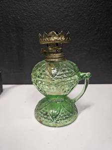 lot 210 image: Green Glass Oil Table Lamp, Made in Hong Kong (c.1950)