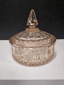 lot 216 image: Indiana Glass Princess Pink Depression Candy Dish Trinket Box Diamond Point Lid Vintage