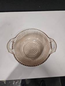 lot 219 image: Pink depression ribbed glass bowl-open handled scrolls vintage glass fruit vegetable serving bowl antique bowl dinnerware