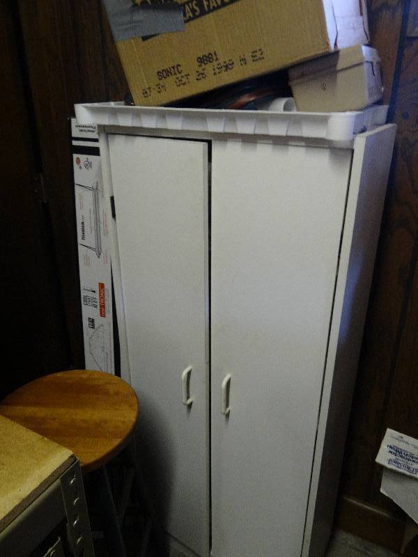 lot 6577 image: Cabinet w Contents Inside  Fluorescent Lights & Bar Stool