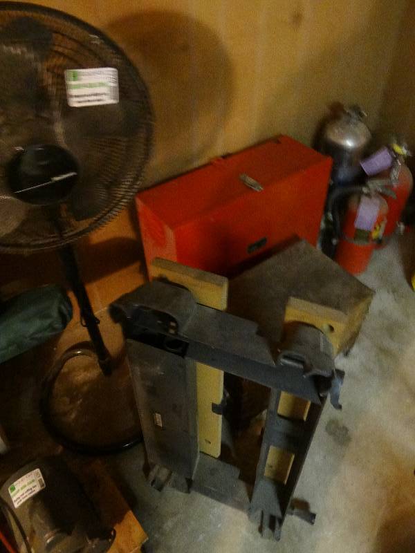 lot 6244 image: Fan, Work Bench, Metal Cabinet, Wood Box & Fire Extinguishers